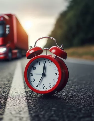 Raudonas laikrodis ant kelio prieš renault trucks t sunkvežimį